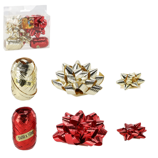 SET DE ÎMPĂCHETAT CADOURI - AURIE / ROȘIE (2 RIBBONURI + 4 FUNDIȚE) ambalaj=24buc. *7632