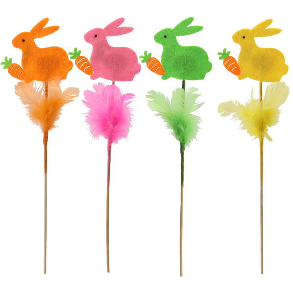 DECORAȚIUNE DE PAȘTE PE PICIOR - IEPURE ÎN PENE 29 CM MIX 4 CULORI pachet=12 buc *9540