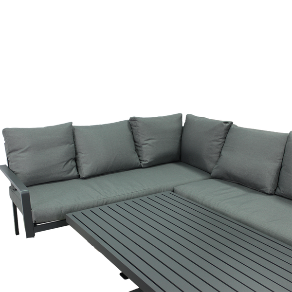 SADA HLINÍKOVÉHO NÁBYTKU (ROHOVÁ SOFA + PUFA + STOLÍK) ŠEDÁ + ŠEDÉ VANKÚŠE *9422