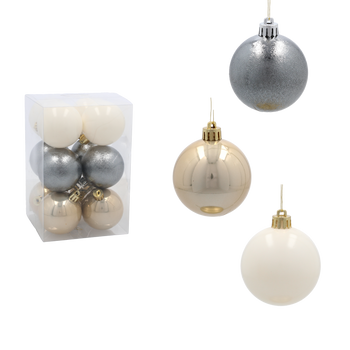 SET OF 12 BAUBLES 6 CM CHAMPAGNE/GRAY/WHITE