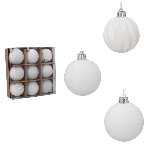 SET OF 9 BAUBLES 6 CM WHITE
