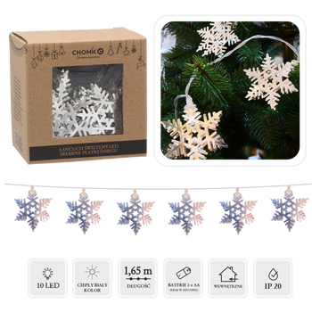 LED LIGHT CHAIN SILVER SNOWFLAKES 10 L WARM WHITE