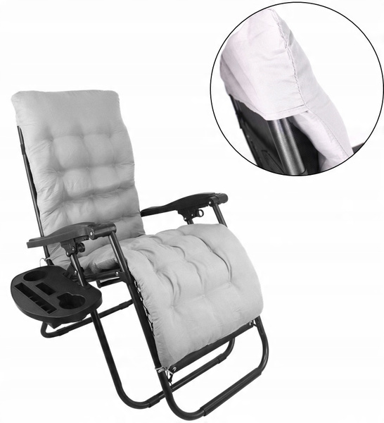 FOLDING GARDEN LOUNGER WITH STAND, POCKET, BLACK WITH GRAY CUSHION