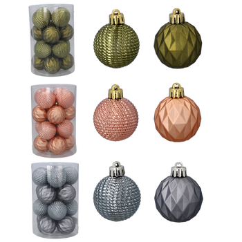SET OF 16 BAUBLES 4 CM OLIVE/COPPER/GRAPHITE MIX DESIGNS TUBE