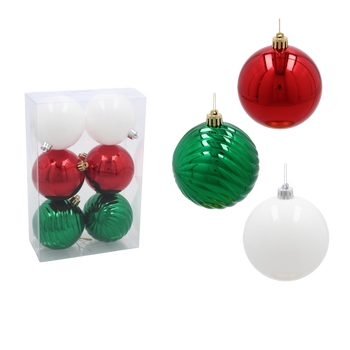 SET OF 6 BAUBLES 8 CM RED/GREEN/WHITE