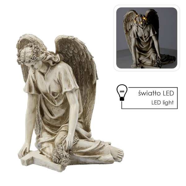 FIGURĂ ÎNGER ȘEDINȚĂ CU CRUCE LED - BEJ 34 X 26,5 X 38 CM *8721