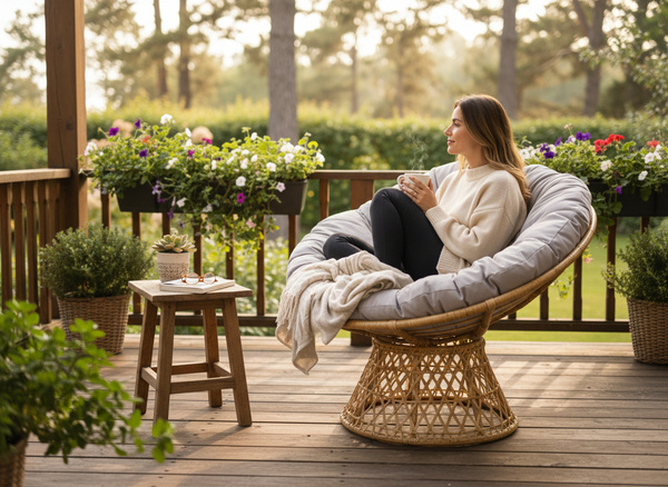 FOTEL OBROTOWY "ROTIVA" (RATTAN - BRĄZOWY, PODUSZKA - BEŻOWA) 