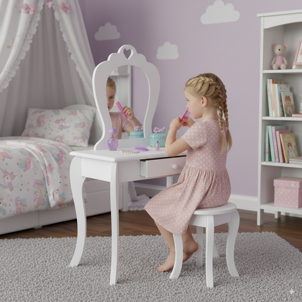 SMALL COSMETIC DRESSING TABLE WHITE WITH MIRROR + STOOL