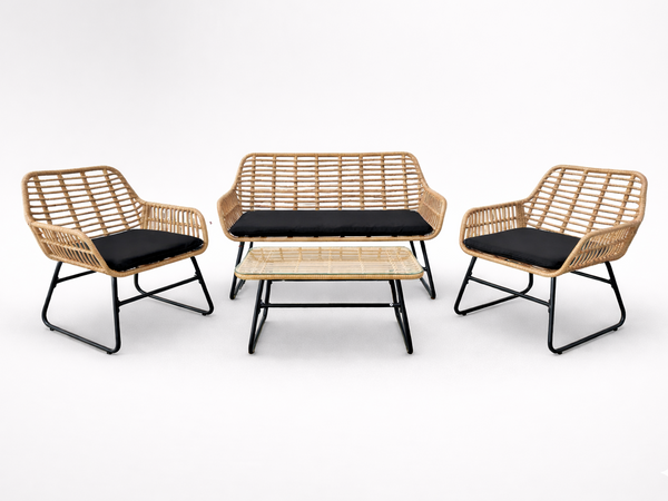 ZESTAW MEBLI OGRODOWYCH (SOFA, 2 KRZESŁA, STOLIK) - BRĄZOWY, PODUSZKI - CZARNY