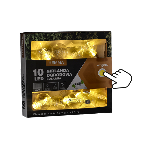 GIRLANDA SOLARNA OGRODOWA DŁ. 2 + 1,8 M HEMMA 10 LED CIEPŁY BIAŁY DUŻA ŻARÓWKA *3606