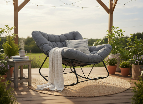 FOTEL BUJANY "SVINGA" 112 x 104 x 69 CM CIEMNOSZARY RATTAN, CIEMNOSZARE PODUSZKI 