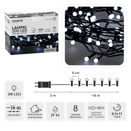 LAMPKI LED KULKI 200L ZIMNY BIAŁY, DŁ. 3 + 16 M *0153