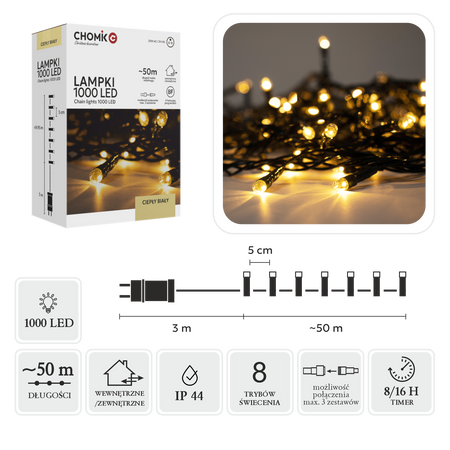 LAMPKI LED 1000L CIEPŁY BIAŁY DŁ. 3 + 50 M WEWN/ZEWN *9621