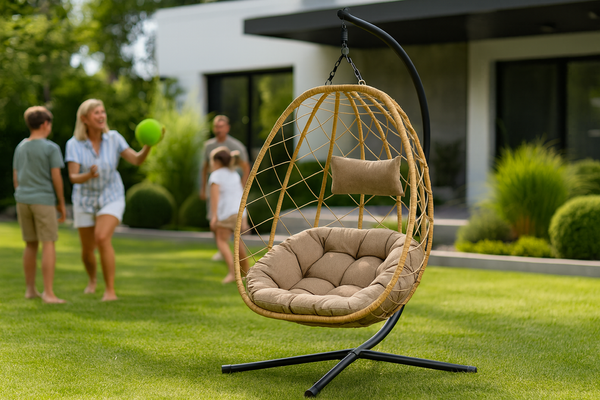 FOTEL WISZĄCY SKŁADANY BEŻOWY, PODUSZKA - BEŻOWA, RAMA - CZARNA *9100