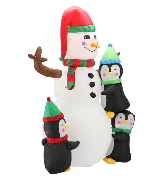 INFLATABLE SNOWMAN WITH PENGUINS LED 190 CM