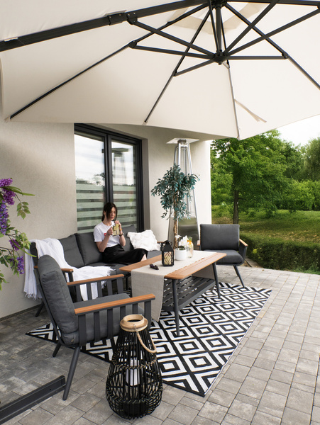 ZESTAW MEBLI ALUMINIOWYCH (3 OS. SOFA + 2 FOTELE + STOLIK) SZARY + SZARE PODUSZKI *9415