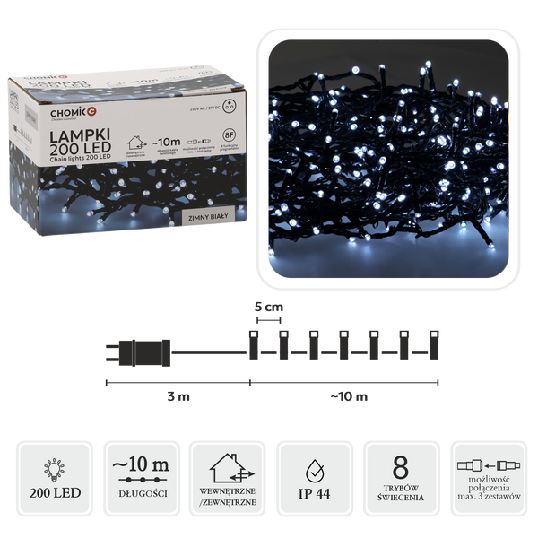 LAMPKI LED 200L ZIMNY BIAŁY DŁ. 3 + 10 M WEWN/ZEWN *9454