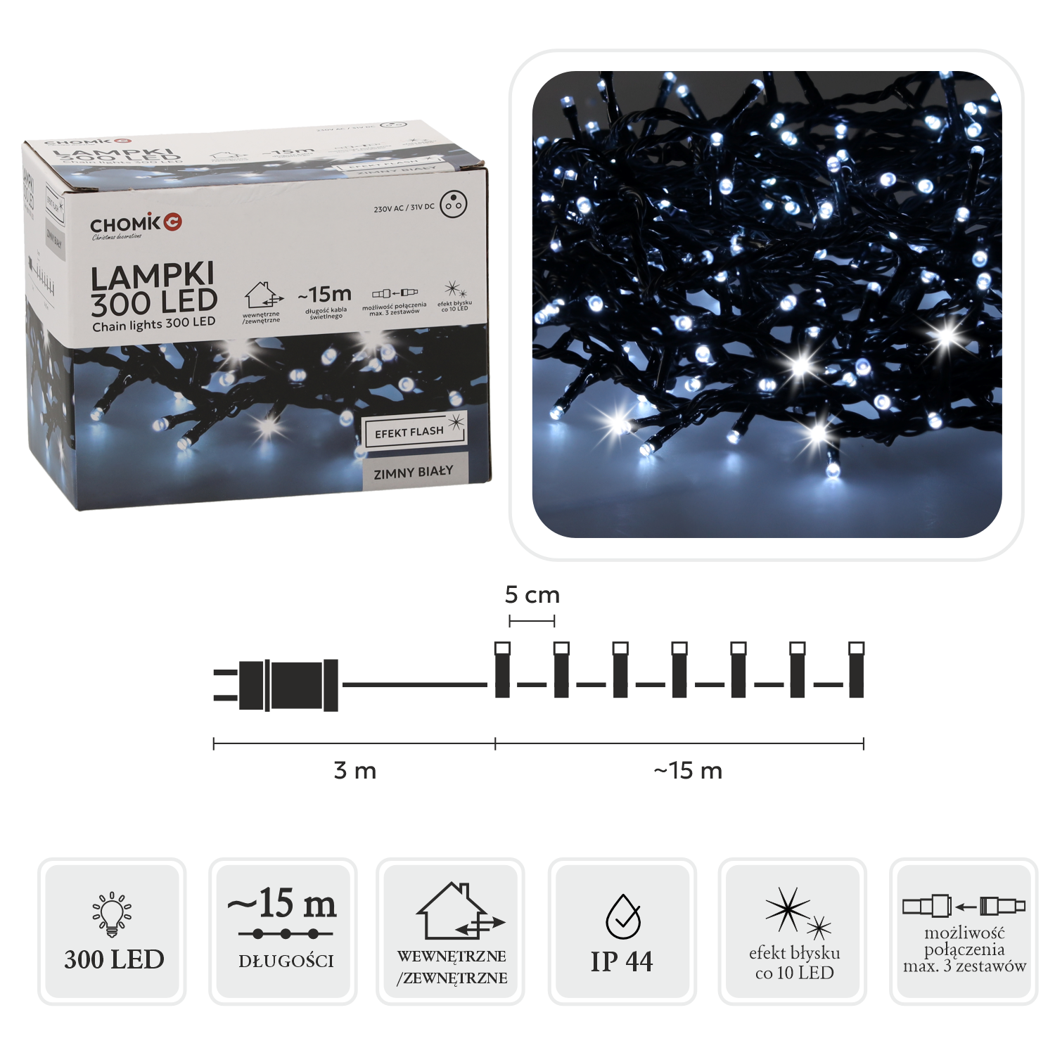 LAMPKI LED 300L ZIMNY BIAŁY + ZIMNY FLASH, DŁ. 3 + 15 M WEWN/ZEWN *9546