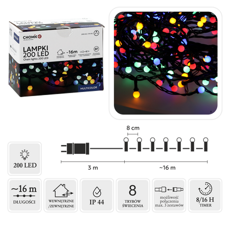 LAMPKI LED KULKI 200L MULTIKOLOR, DŁ. 3 + 16 M *0160
