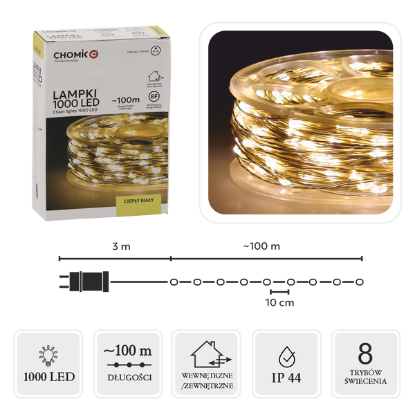 LED ŘETĚZCE DRÁTKY NA CÍVKOVÉ CÍVCE 1000L TEPLÁ BÍLÁ, DÉLKA 3 + 100 M *0085