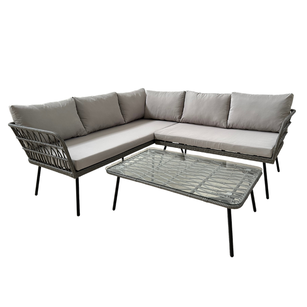 ZESTAW MEBLI OGRODOWYCH (SOFA NAROŻNA, STOLIK) - SZARY, PODUSZKI - SZARY