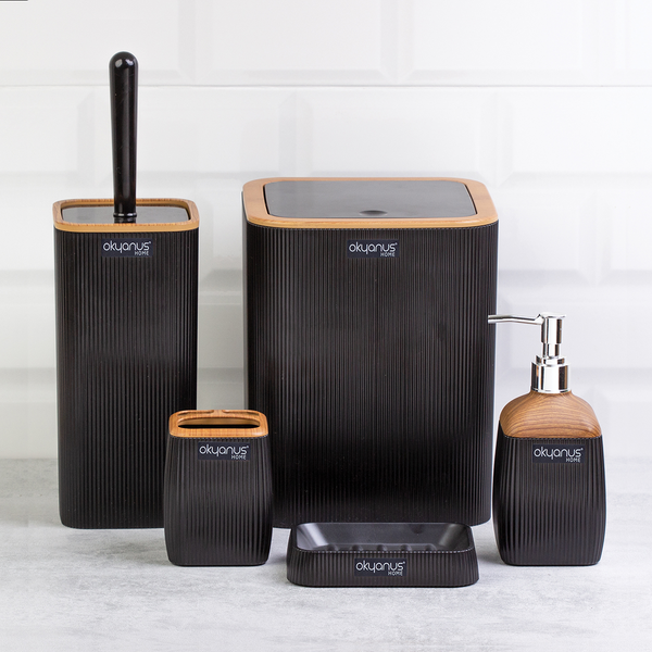5-PIECE BATHROOM SET SQUARE BLACK / WOOD