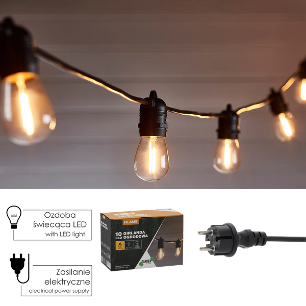 ZÁHRADNÁ GIRLANDA 230 V DĹŽKA 3 + 7 M FILAME 10 LED TEPLÁ BIELA *1236