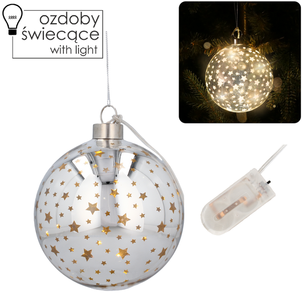 VÁNOČNÁ DEKORÁCIA SKLENENÁ FI 12 CM LED GLOBUS STRIEBORNÝ S HVIEZDIČKAMI balenie=6ks *2799