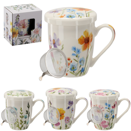 KUBEK PORCELANOWY Z ZAPARZACZEM I POKRYWKĄ 340 ML MIX KWIATOWYCH WZORÓW *1902