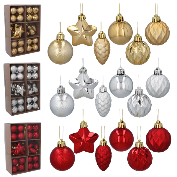 SET OF 47 BAUBLES 4-6 CM RED/GOLD/SILVER MIX DESIGNS