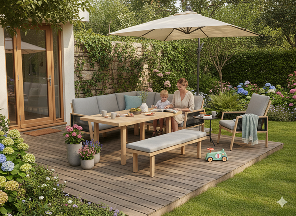 ZESTAW MEBLI ALUMINIOWYCH "OTTAWA" (SOFA NAROŻNA + ŁAWKA + STOLIK) BRĄZOWY + SZARE PODUSZKI