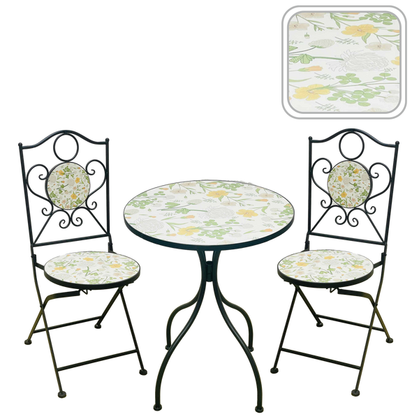 ZESTAW MEBLI OGRODOWYCH METALOWYCH MOZAIKA "ANTOS" STÓŁ + 2 KRZESŁA