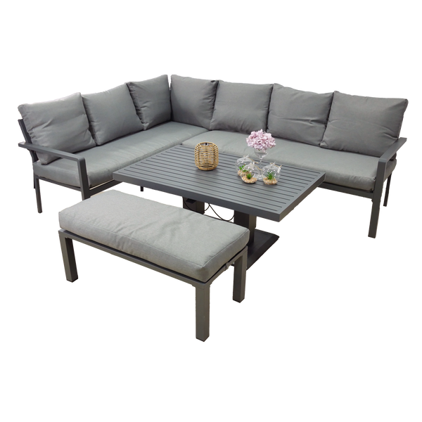 SADA HLINÍKOVÉHO NÁBYTKU (ROHOVÁ SOFA + PUFA + STOLÍK) ŠEDÁ + ŠEDÉ VANKÚŠE *9422