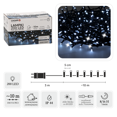 LAMPKI LED 200L ZIMNY BIAŁY + ZIMNY FLASH, DŁ. 3 + 10 M WEWN/ZEWN *9485