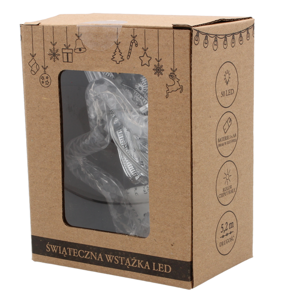 FASCIE LED DE CRĂCIUN CU STEA ARGINTIE 50L ALBA CALDĂ PE BATERII *0269