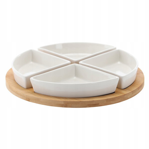 SADA NA SERVÍROVANIE PREDĹH - 4 PORCELÁNOVÉ MISY S KULATÝM BAMBUSOVÝM PODNOSOM 30x4CM *7286