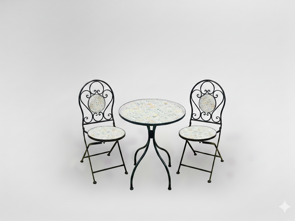 ZESTAW MEBLI OGRODOWYCH METALOWYCH MOZAIKA "LOULOUDIA" STÓŁ + 2 KRZESŁA