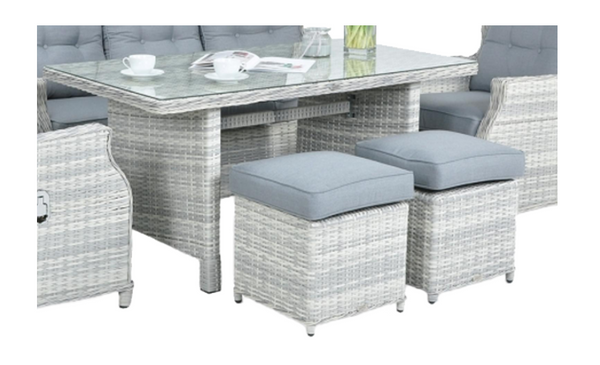 ZESTAW MEBLI OGRODOWYCH ALUMINIOWYCH RATTANOWYCH (SOFA + STÓŁ + 2 FOTELE + 2 PUFY) SZARY + SZARE PODUSZKI