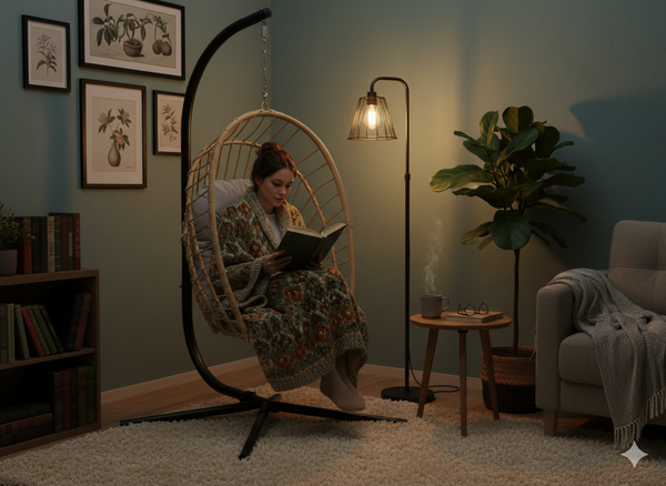 FOTEL WISZĄCY SKŁADANY ERIS BRĄZOWY, PODUSZKA - SZARA, RAMA - CZARNA