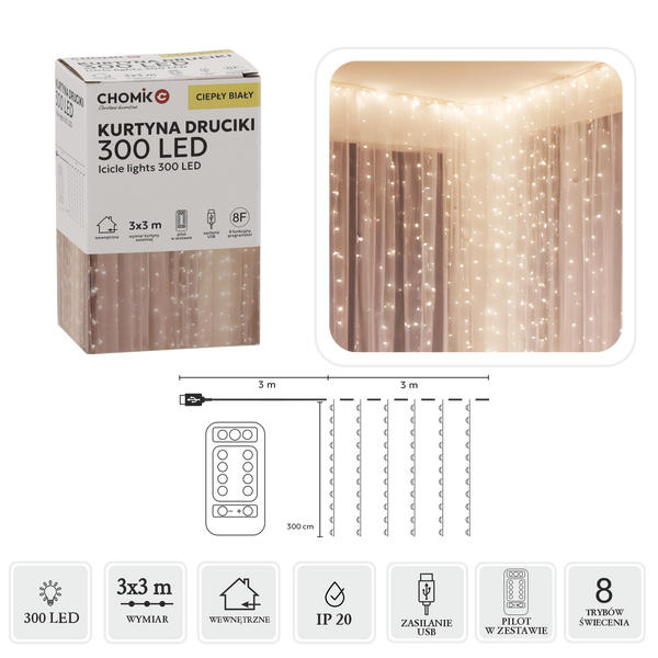 OSVETLENIE ZÁVES DRÔTIKY 300L TEPLÁ BIELA, 3 x 3 M, USB, S DIAĽKOVÝM OVLÁDAČOM *9997