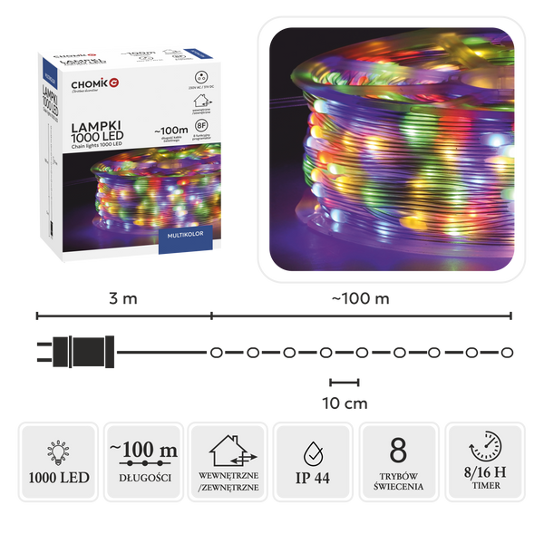 LAMPKI LED MICRO NA SZPULI 1000L MULTIKOLOR, DŁ. 3 + 100 M *8578