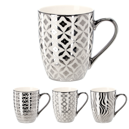 KÁVOVÝ HRNEK PORCELÁNOVÝ STŘÍBRNO-BÍLÝ 340ML MIX VZORŮ balení=12 ks *6219