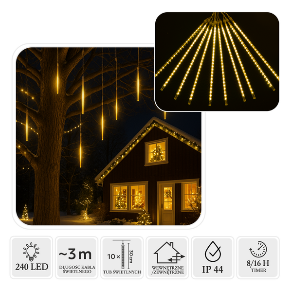 KURTYNA METEORY LED 10 SZT 30 CM CIEPŁY BIAŁY, DŁ. 3 + 2,7 M WEWN/ZEWN *1766