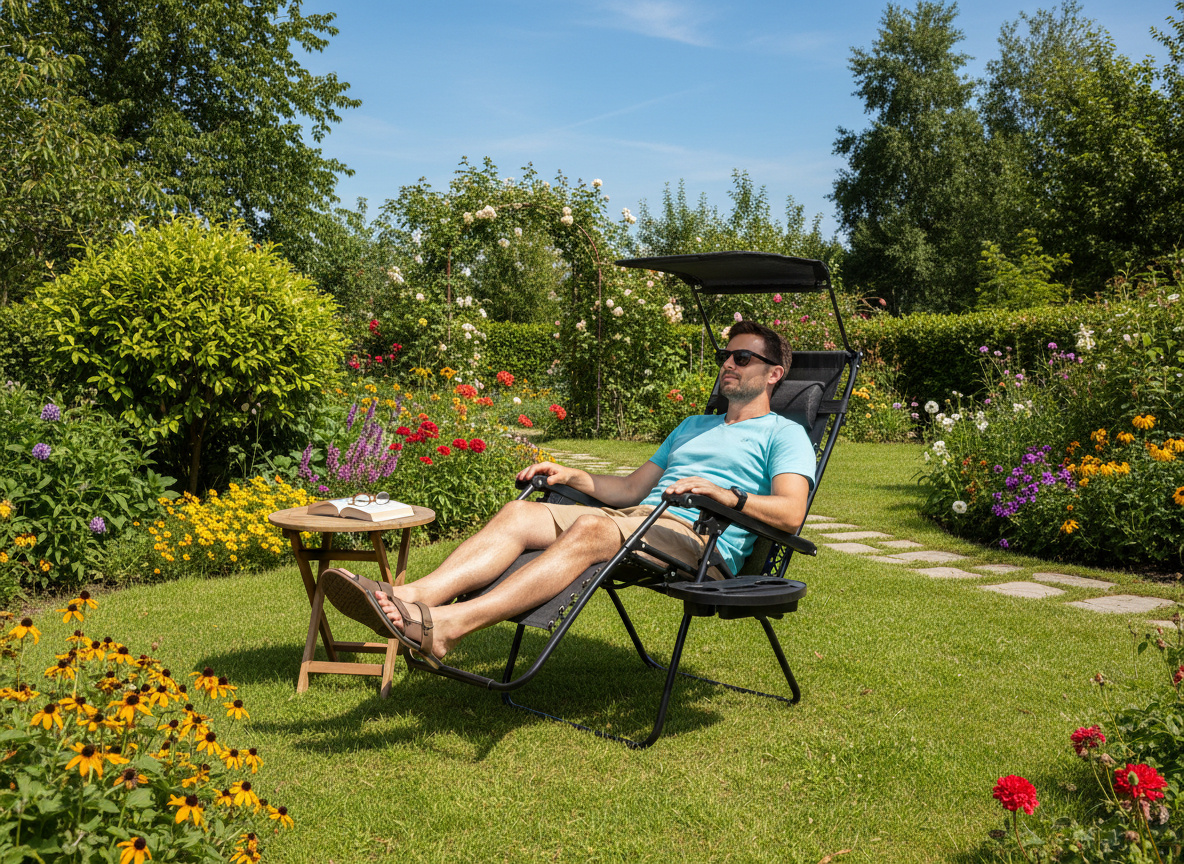 LEŻAK OGRODOWY SKŁADANY Z PODSTAWKĄ, KIESZONKĄ, DASZKIEM I ZAGŁÓWKIEM CZARNY pol_pl_LEZAK-OGRODOWY-SKLADANY-Z-PODSTAWKA-KIESZONKA-DASZKIEM-I-ZAGLOWKIEM-CZARNY-137_5