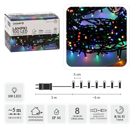 LAMPKI LED 100L MULTIKOLOR DŁ. 3 + 5 M WEWN/ZEWN *9430