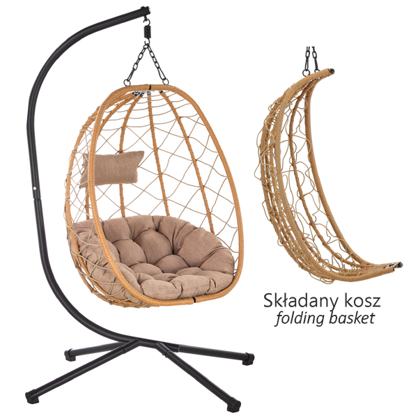 FOTEL WISZĄCY SKŁADANY BEŻOWY, PODUSZKA - BEŻOWA, RAMA - CZARNA *9100