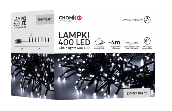 LED REŤAZ 400L STUDENÁ BIELA, DĹŽKA 3 + 4 M VNÚTOR/EXTER *8158