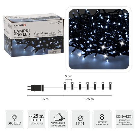 LAMPKI LED 500L ZIMNY BIAŁY, DŁ. 3 + 25 M WEWN/ZEWN *9577