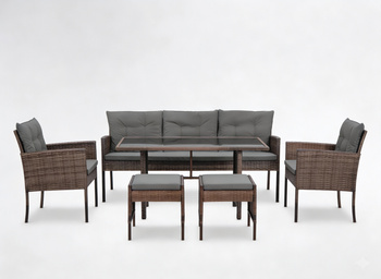 ZESTAW MEBLI RATTANOWYCH "VADUZ" (SOFA + 2 FOTELE + 2 PUFY + STÓŁ) BRĄZOWY + SZARE PODUSZKI