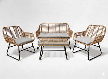 GARDEN FURNITURE SET (SOFA, 2 CHAIRS, TABLE) - BROWN, CUSHIONS - GREY